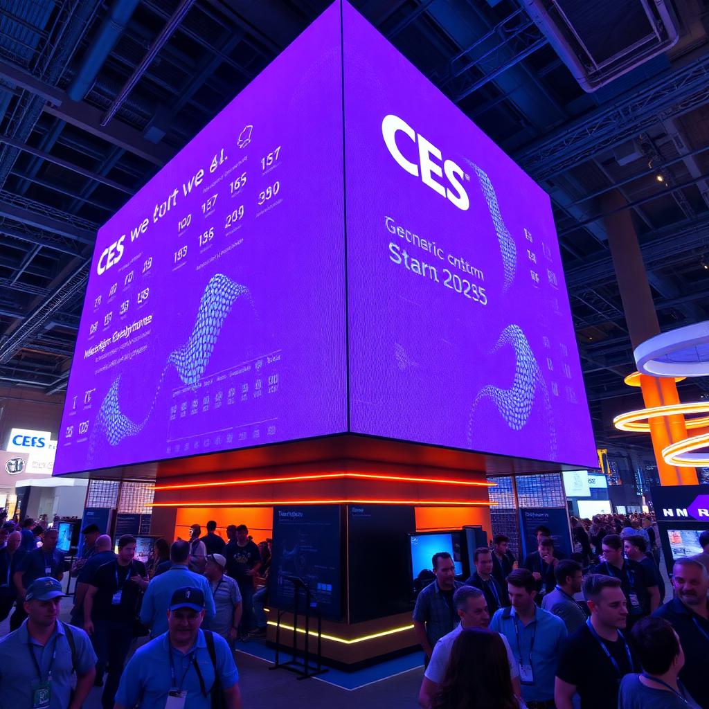 Unbranded holographic display, LED wall, generic tech startup.
