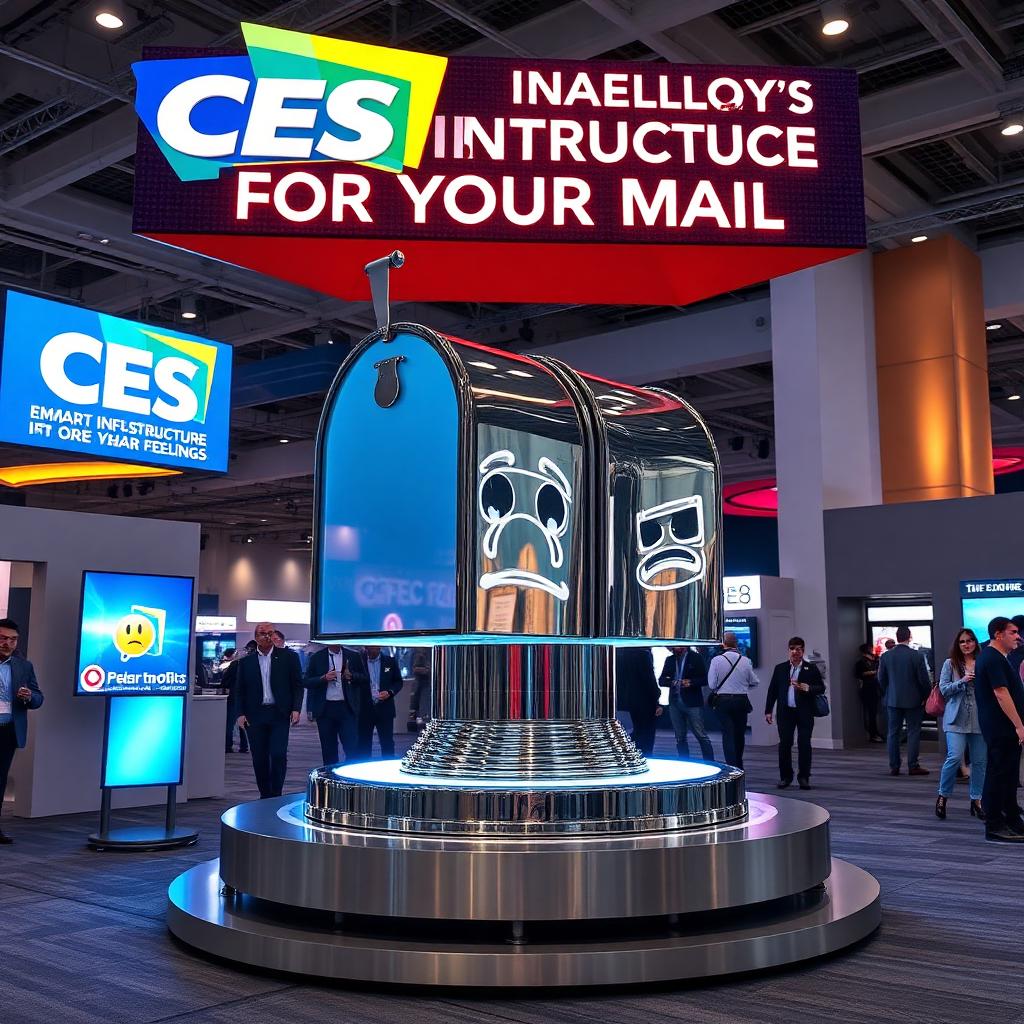 EMOTIONAL INFRASTRUCTURE FOR YOUR MAIL — chrome smart-mailbox on a rotating dais.